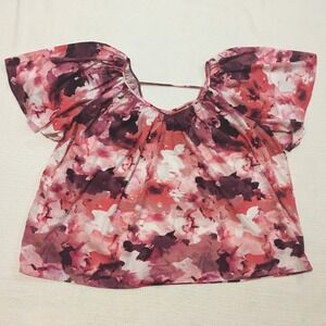 June Vie Women's 3X Pink Watercolor Print Flutter Sleeve Top Made in India